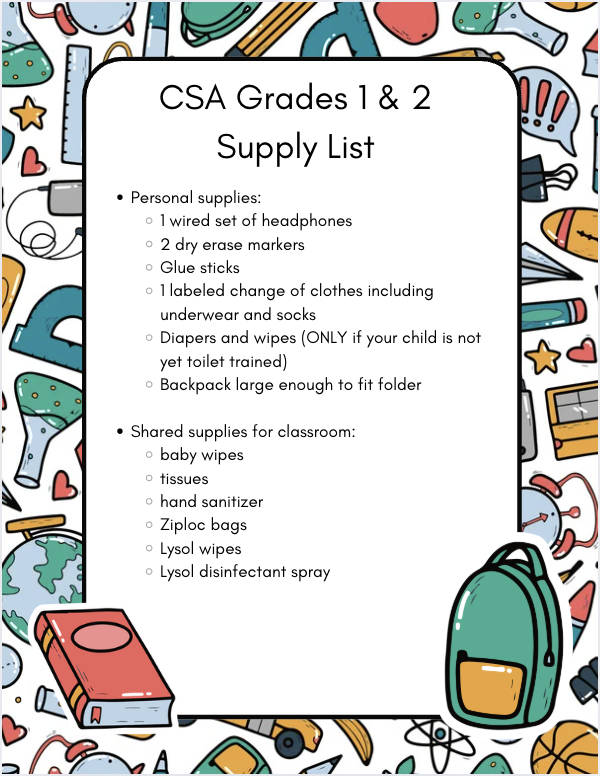 CSA Grades 1 & 2 Supply List